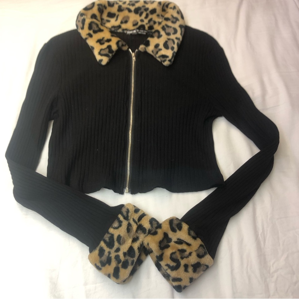 SHEIN Black Ribbed Zip Jacket with Leopard Print Faux Fur Collar & Cuffs
